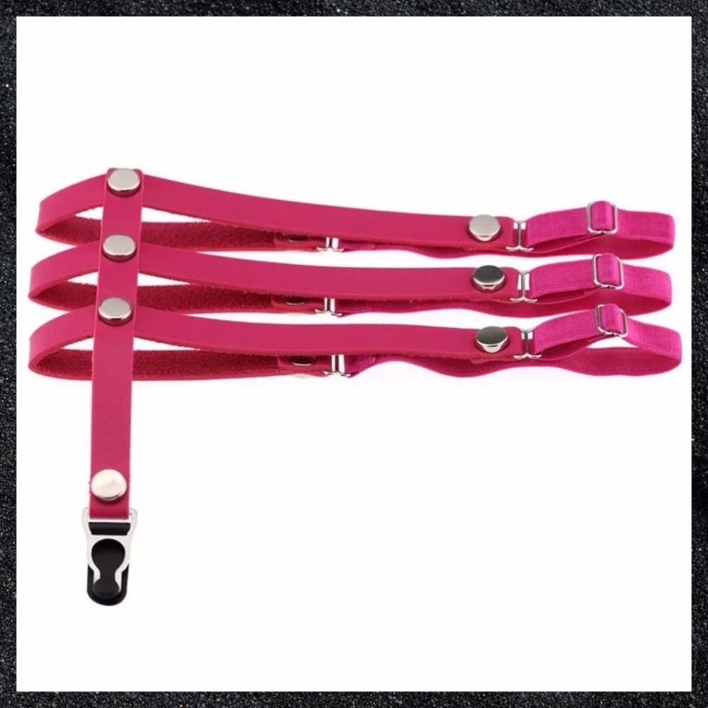 Dark Pink Triple Strap Studded Leather Leg Thigh Garter Harness Pair Set - Picture 2 of 4